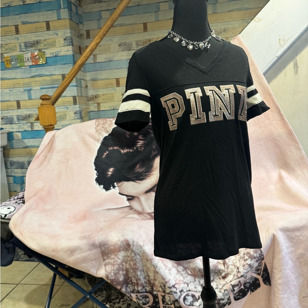 PINK Black V-Neck Logo Tee with White Sleeve Stripes